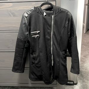 Black hooded coat with pleather quilted shoulder/upper arms.